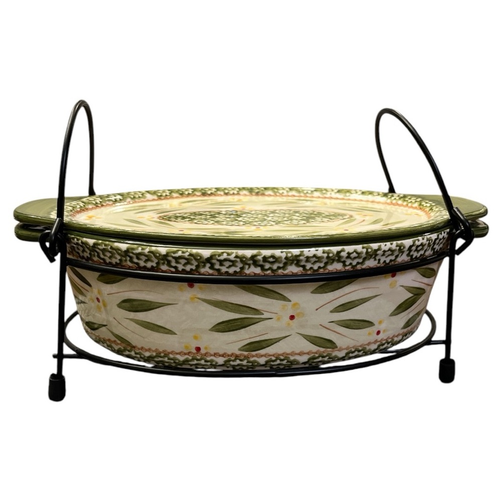 Temptations Old World Vintage 2 Quart Oval Covered Baking Dish Green Fou…